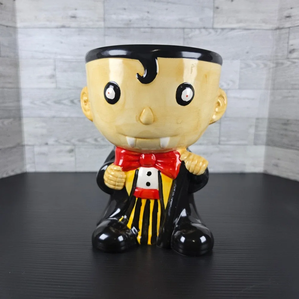 Halloween Vampire Dracula Ceramic Planter Candy Bowl Black Red Yellow 7 Inch
